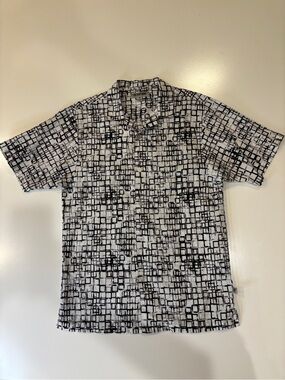 Men's Short Sleeve Button-Up Shirt Linen Blend Sz XL Black & White Geometric